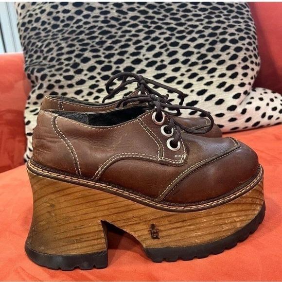 London Underground 90s Platform Shoes Vintage Brown Leather Grunge Y2K Sz 6-6.5 - Picture 9 of 14